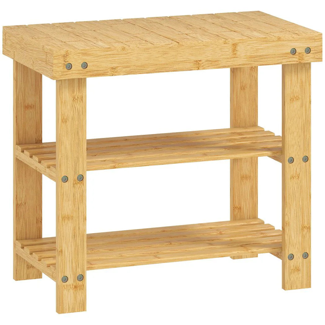 HOMCOM 2-Tier Bamboo Shoe Storage Bench – Slatted Shelves, Natural Finish