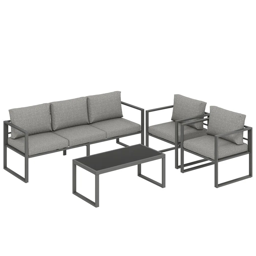 Outsunny 4 Piece Garden Furniture Set with 3-Seater Sofa, 2 Armchairs & Glass Coffee Table – Aluminium Patio Lounge