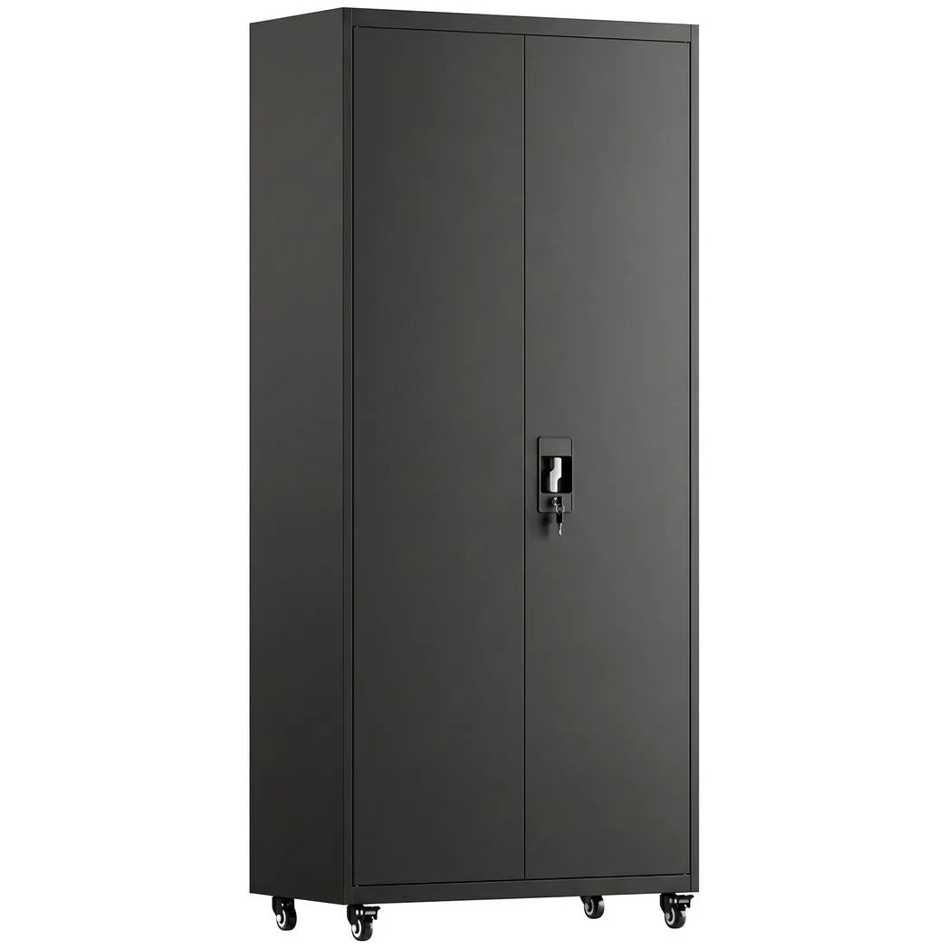 HOMCOM Lockable Metal Storage Cabinet with Removable Wheels and 4 Adjustable Shelves – 180 cm Steel Tool Cabinet