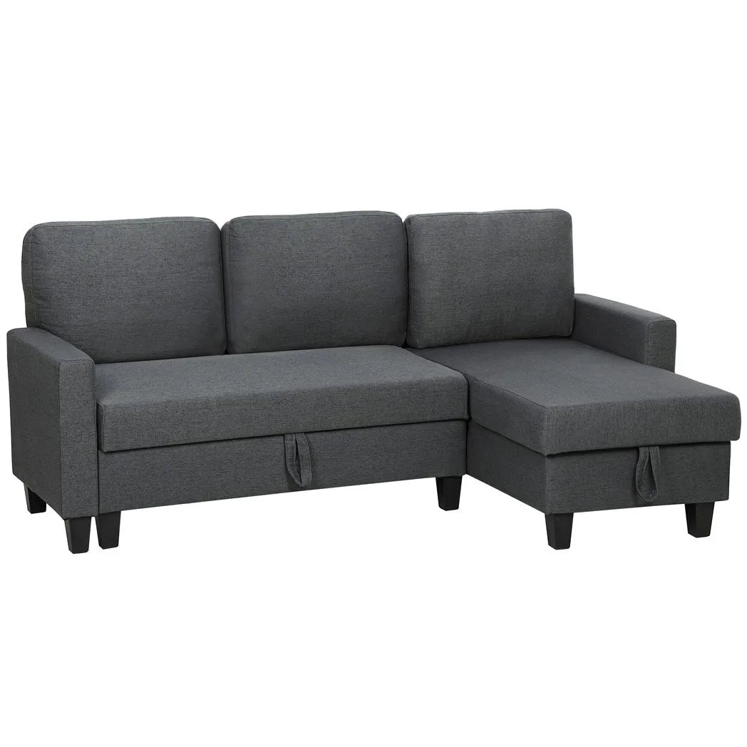 HOMCOM Three-Seater Storage Sofa Bed with Fold-Out Design and 110 cm Chaise Storage – Charcoal Grey
