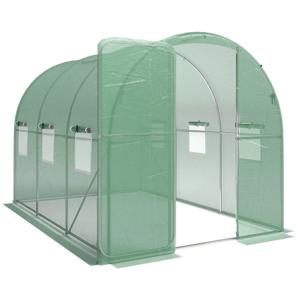 Outsunny 2 x 3m Walk-In Polytunnel Greenhouse with Hinged Door and 6 Roll-Up Windows – Garden Tunnel, Green