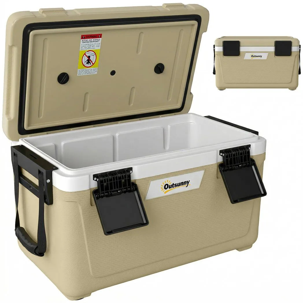 Outsunny 42.6L Insulated Cool Box with Handles, Lid & Drain Valve – Portable Camping Ice Cooler, Khaki