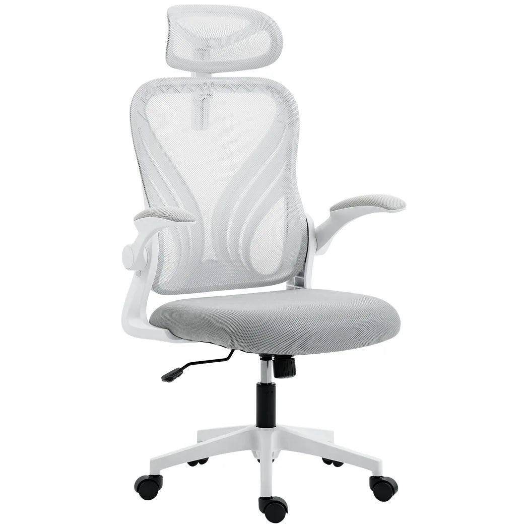 HOMCOM Ergonomic Office Chair with Foldable Backrest, 2D Headrest & Flip-Up Arms – Mesh Desk Chair, Light Grey