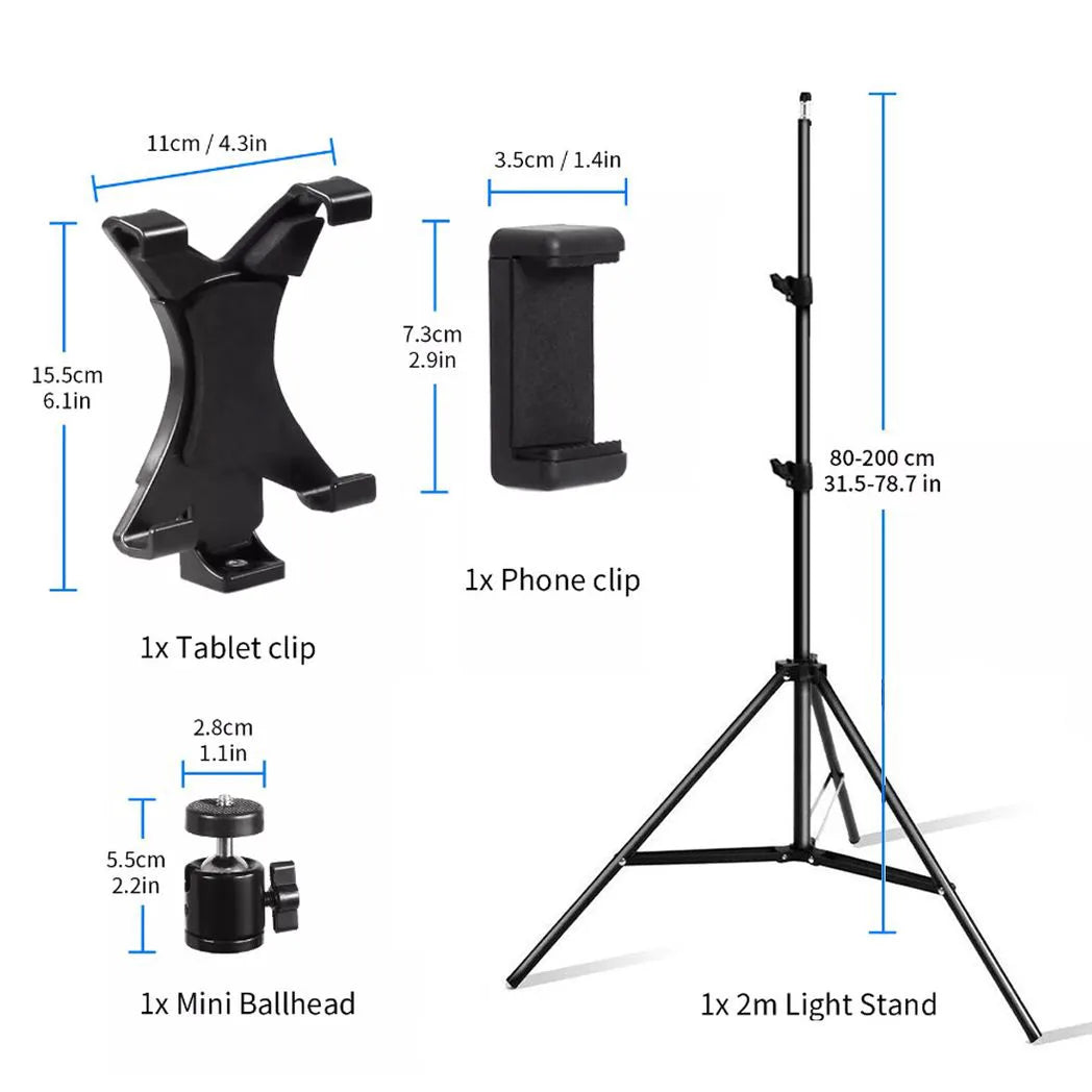 2m Adjustable Tablet & Phone Floor Tripod Stand with Ball Head and Clips – Foldable Stand for Devices 4–10.6"