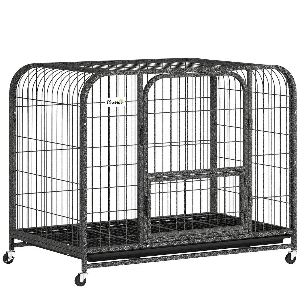 PawHut Heavy Duty Dog Crate, 93 x 58 x 76 cm – Triple Door Dog Cage with Wheels for Small to Medium Breeds