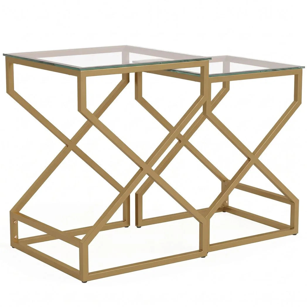 HOMCOM Nest of 2 Tables with Tempered Glass Tops and Golden Legs – Side and Coffee Table Set, Transparent