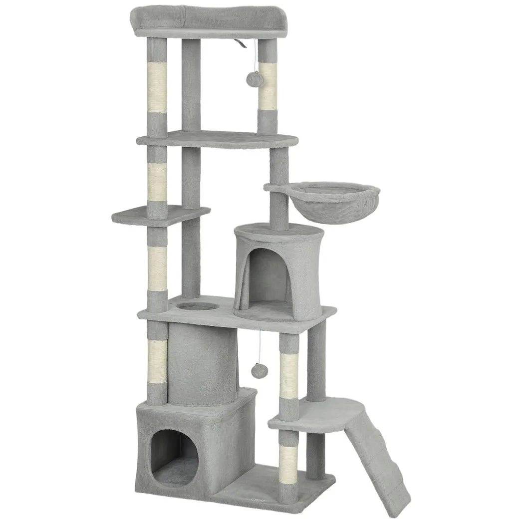PawHut 170cm Large Cat Tree with 7 Scratching Posts, 2 Condos & Hammock – Multi-Level Cat Tower, Light Grey