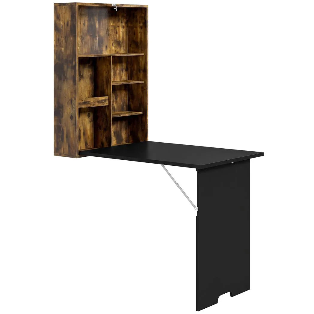 HOMCOM Folding Wall-Mounted Drop-Leaf Table with Chalkboard and Storage Shelf – Space-Saving Desk, Brown