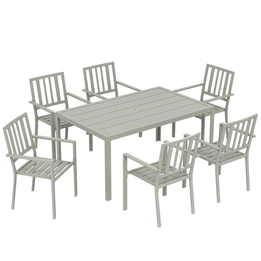 Outsunny 7 Piece Garden Dining Set – 152cm Steel Table with Parasol Hole and 6 Stackable Armchairs, Light Grey