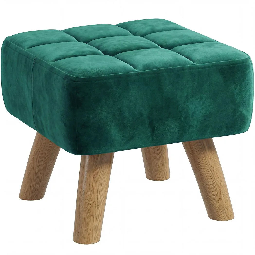 HOMCOM Velvet Square Padded Footstool with Wooden Legs – Leg Rest & Vanity Stool, Dark Green