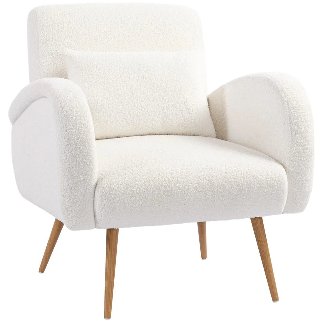 HOMCOM Teddy Fleece Accent Chair with Metal Legs and Curved Armrests – Living Room Armchair, Cream White