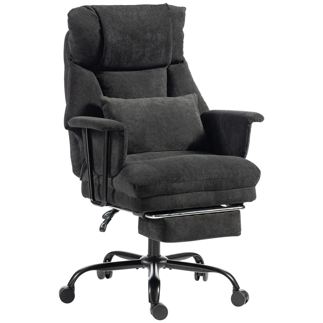 HOMCOM Heavy Duty Office Chair with Lumbar Support, Spring Cushion and Footrest, 180kg – Reclining Linen Desk Chair, Black
