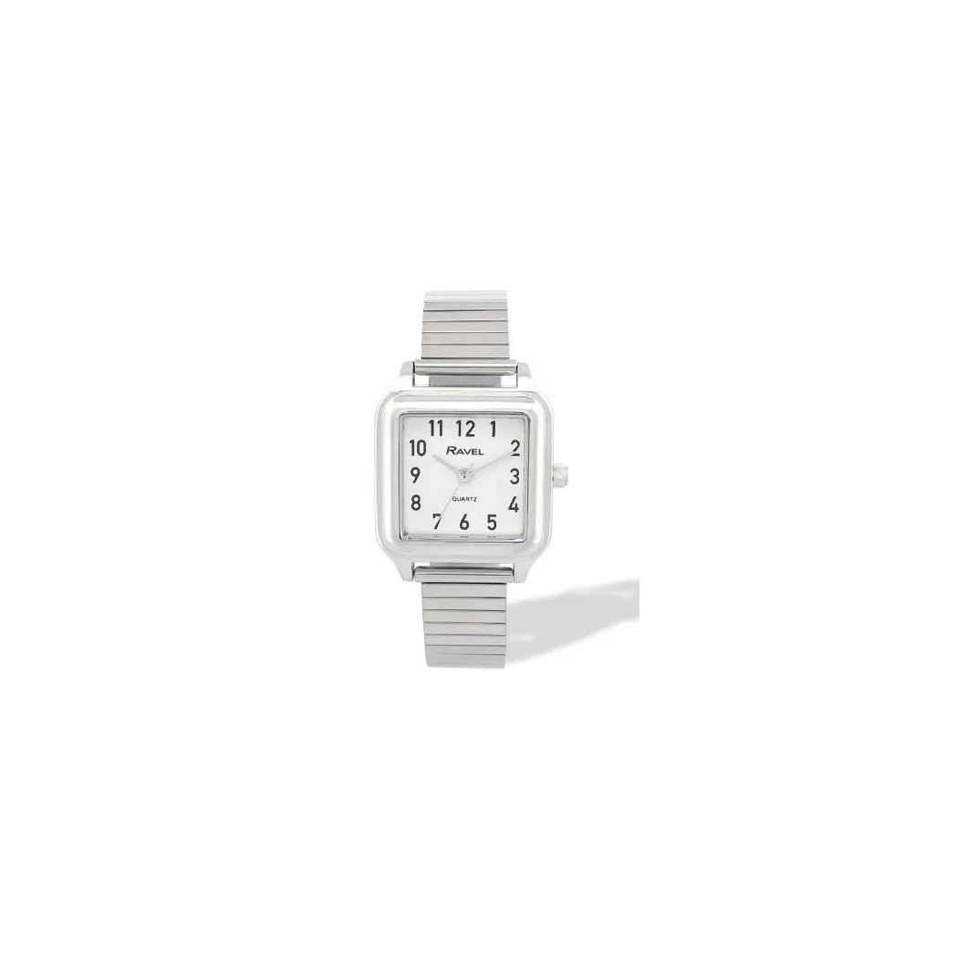 Ravel Ladies Easy Read Square White Dial Watch with Silver Stainless Steel Expander Bracelet, 28mm