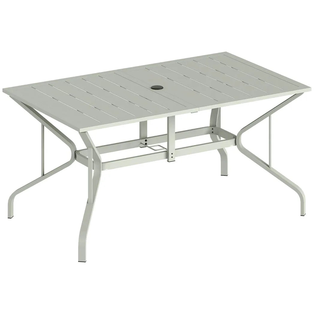 Outsunny Rectangular Garden Dining Table for 6 with Parasol Hole, Galvanised Steel, 150 x 90cm, Light Grey