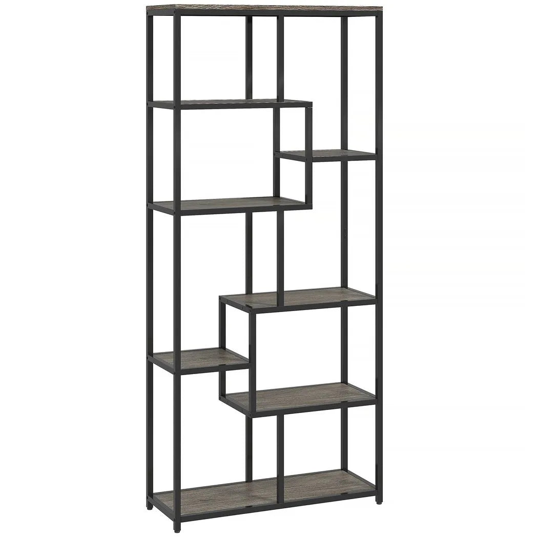 HOMCOM Seven-Tier Geometric Bookcase with Asymmetrical Open Shelves and Anti-Tipping Device – Grey and Black