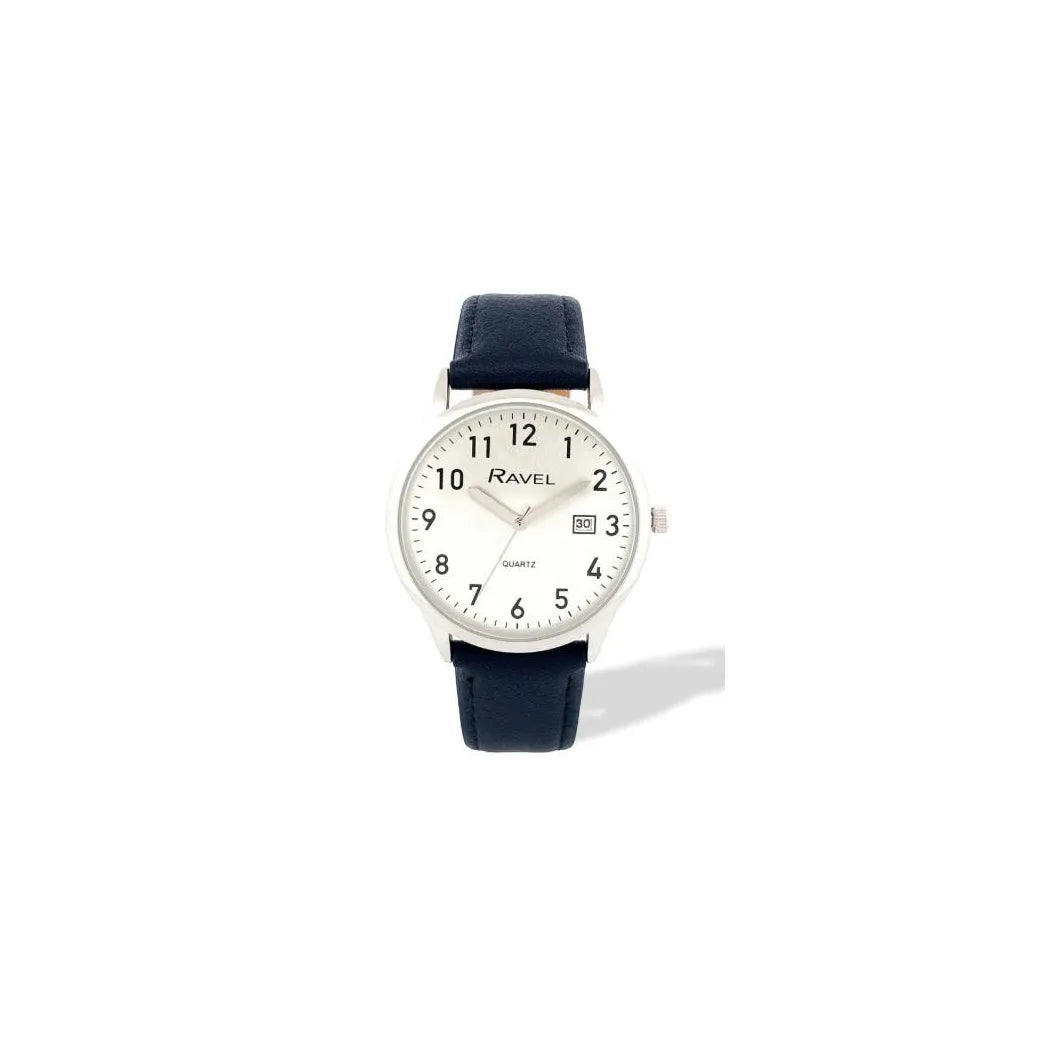 Ravel Men's Silver-Tone Dated Watch with Silver Dial and Black Faux Leather Strap
