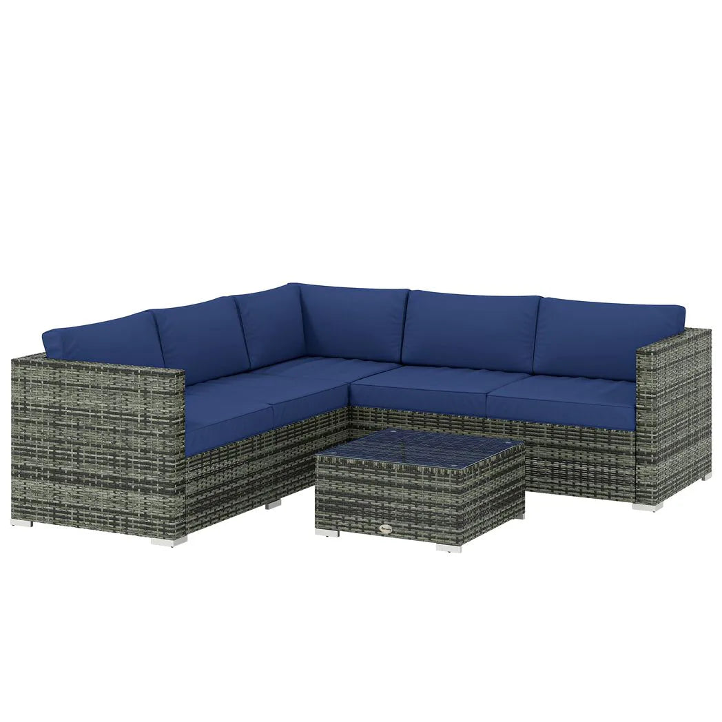 Outsunny 4 Piece Rattan Garden Corner Sofa Set with Glass-Top Coffee Table & Cushions, Blue