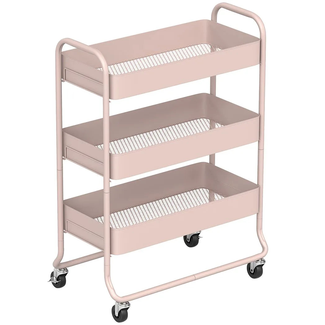 HOMCOM 3-Tier Storage Trolley on Wheels with Mesh Baskets – Rolling Utility Cart for Home, Light Pink