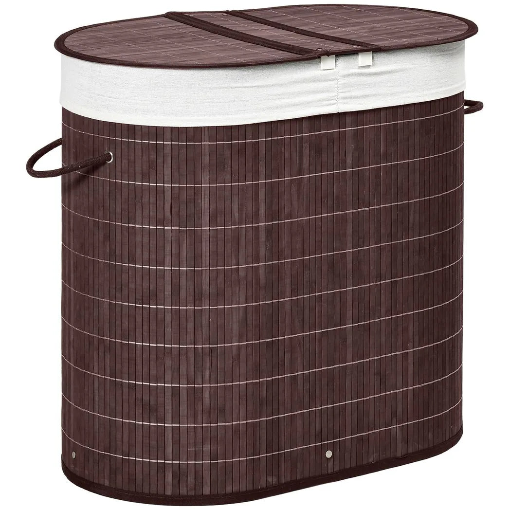 HOMCOM 100L Bamboo Laundry Basket with Lid, 2 Compartments & Removable Liner – Washing Hamper, Brown
