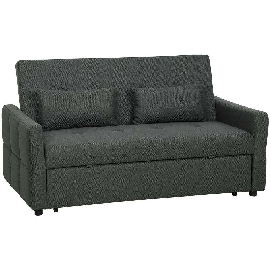 HOMCOM Three-Way Two-Seater Sofa Bed with Click-Clack Reclining Back – Pull-Out Guest Bed, Charcoal Grey