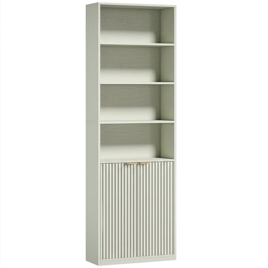 HOMCOM Slim 6-Tier Bookcase with Double-Door Cabinet and Anti-Tip Hardware – Adjustable Shelf, Light Green