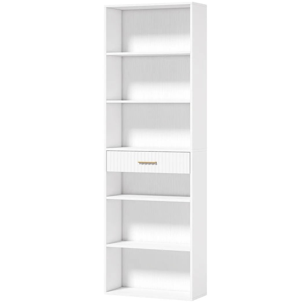 HOMCOM Narrow Tall Bookcase with Drawer and 6 Open Shelves, 182 cm Space-Saving Bookshelf, White