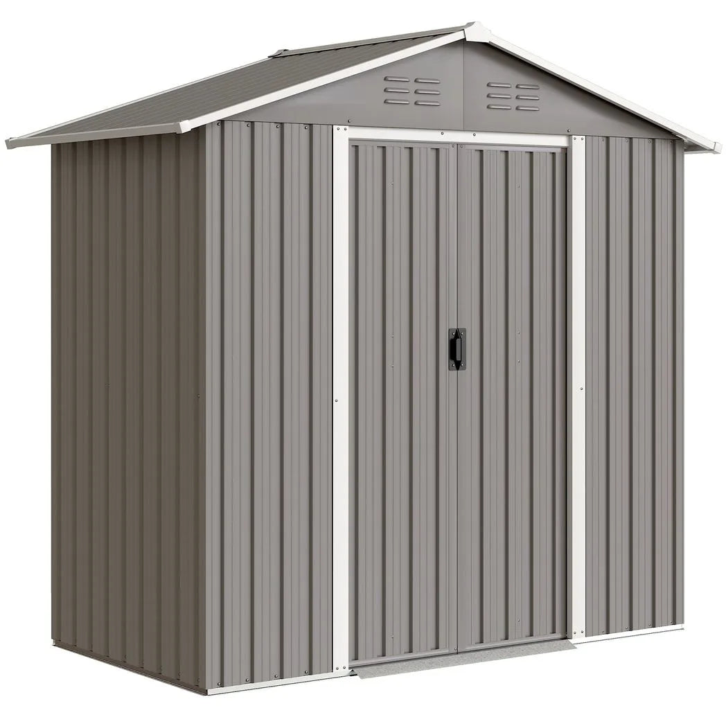 Outsunny 6.5 x 3.5ft Galvanised Metal Garden Shed with Double Doors and Vents, Light Grey
