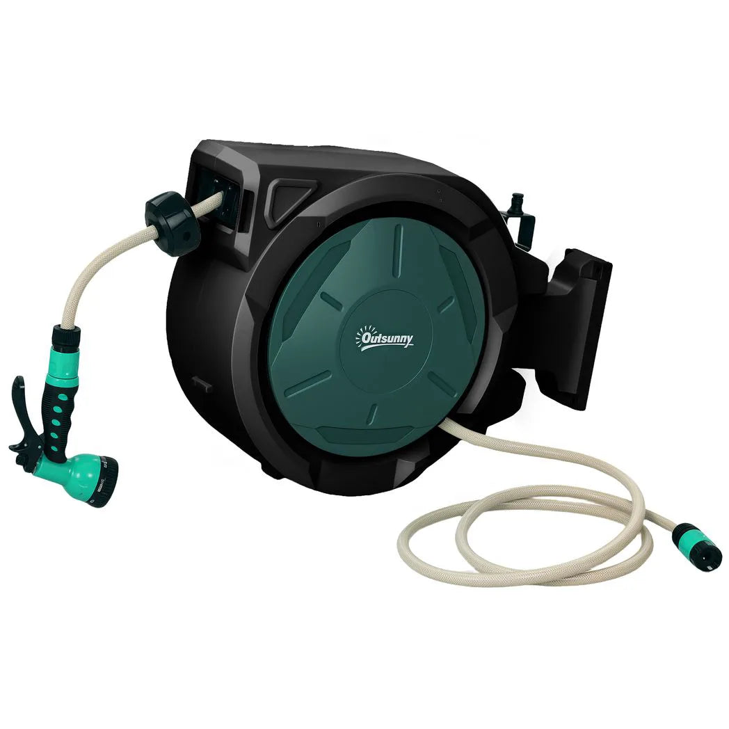 Outsunny 30m Retractable Wall-Mounted Hose Reel with Auto Rewind, Lock & 7-Pattern Nozzle – 180° Swivel, Green