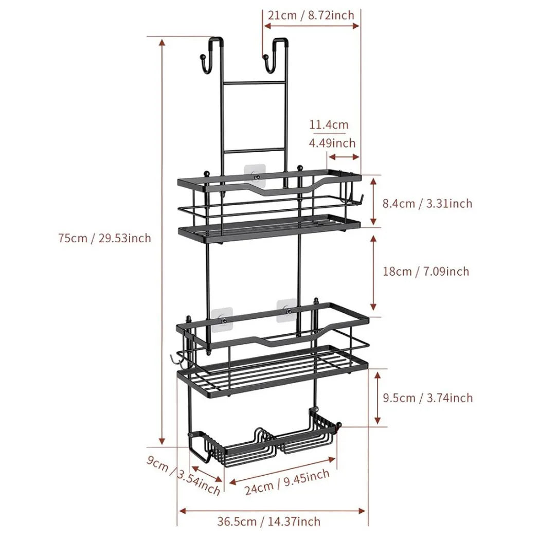 3 Tier Screen Shower Caddy Bathroom Storage Organiser Hanging Tidy Rack Basket-Black