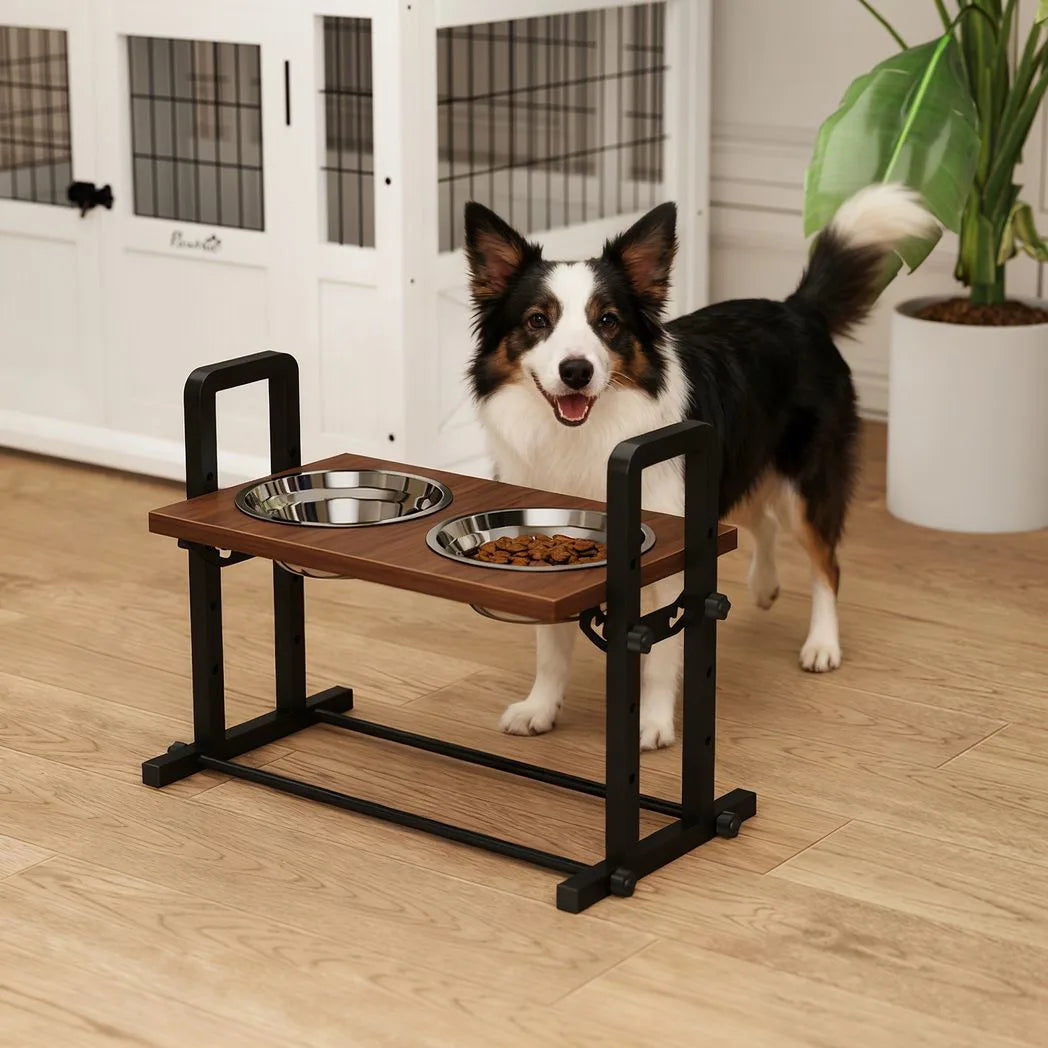 PawHut Raised Dog Bowls with Stand, 4 Adjustable Heights & 3 Angles, 2 x 1.2L Stainless Steel Feeder, Brown