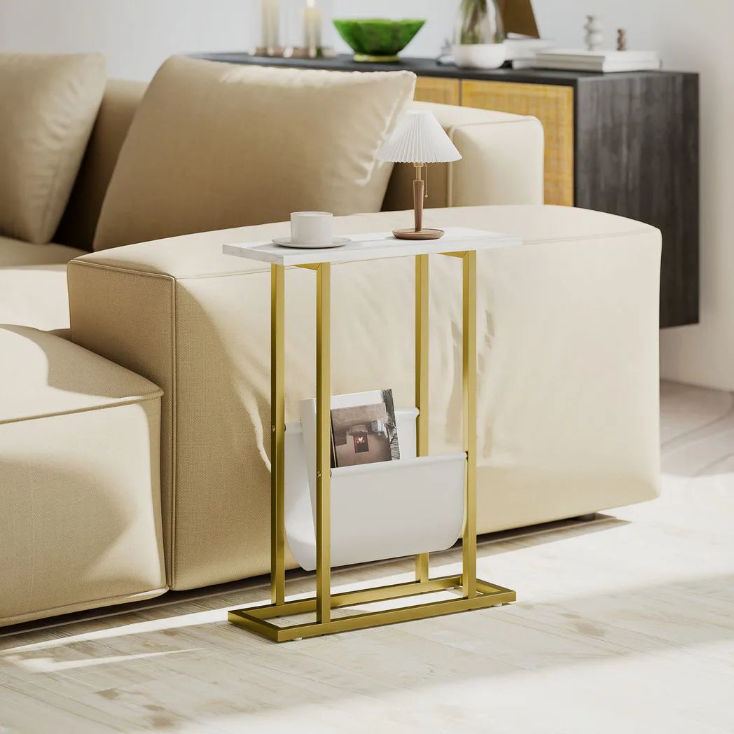 HOMCOM Narrow Side Table with Fabric Shelf – Slim Two-Tier End Table for Bedroom, White Marble Effect