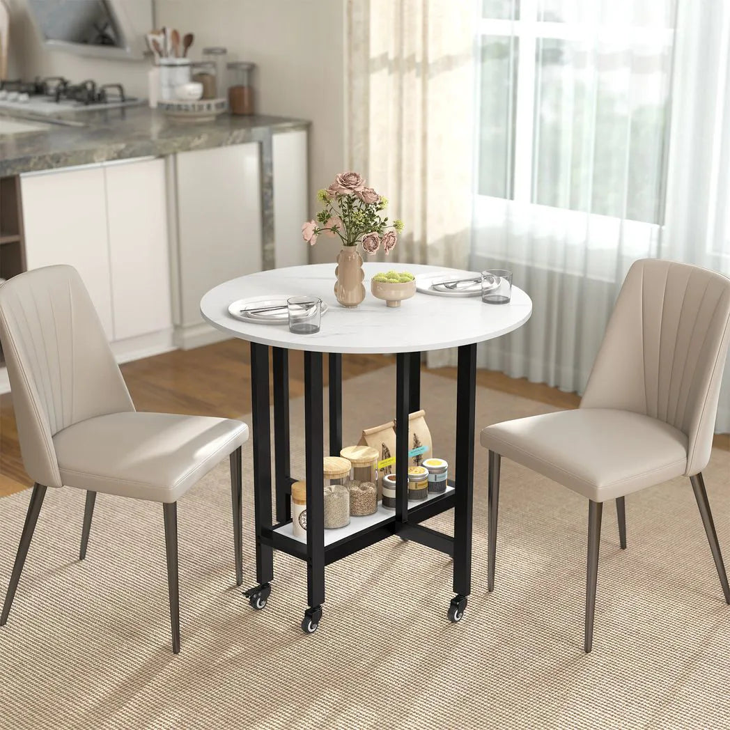 HOMCOM Folding Drop Leaf Dining Table with Open Shelf and Lockable Wheels – Space-Saving, White Marble