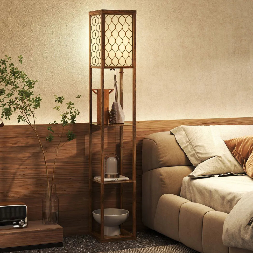 HOMCOM Three-Shelf Standing Lamp – Rustic Brown/White