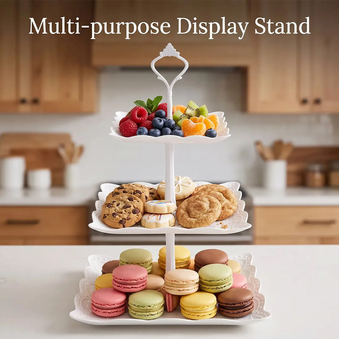 3-Piece 3-Tier Square Cake Stand Set – Afternoon Tea Serving Trays with Carry Loop, Embossed Tableware, White