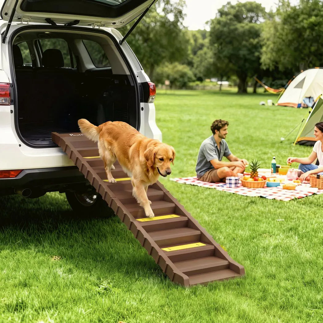 PawHut Dog Car Ramp with Anti-Slip Steps – 10-Step Foldable Pet Stairs for Cars and High Beds, Brown