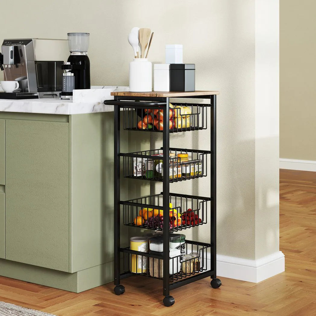 HOMCOM Four Basket Mobile Kitchen Island Trolley with Brakes – Steel Frame Storage Cart, Oak/Black