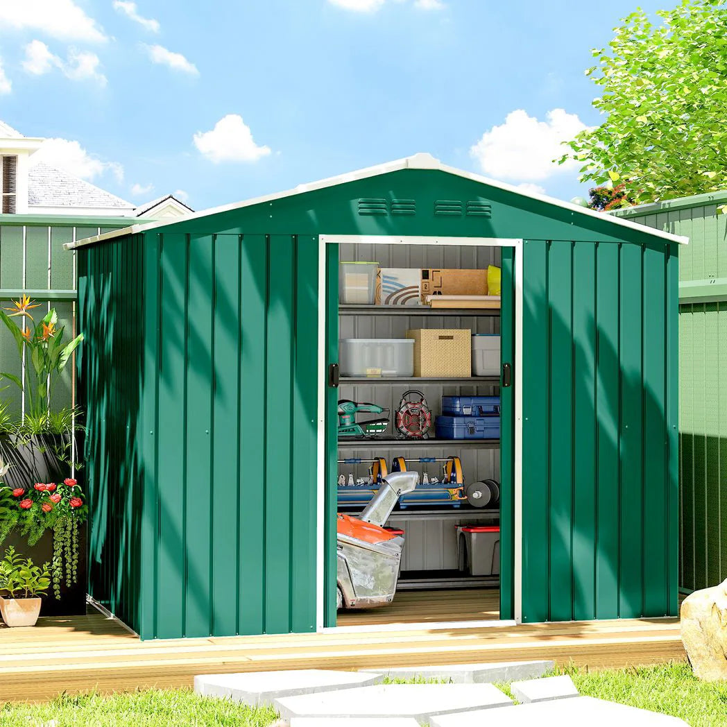 Outsunny 8 x 6ft Galvanised Steel Garden Shed with Sliding Double Doors – Green
