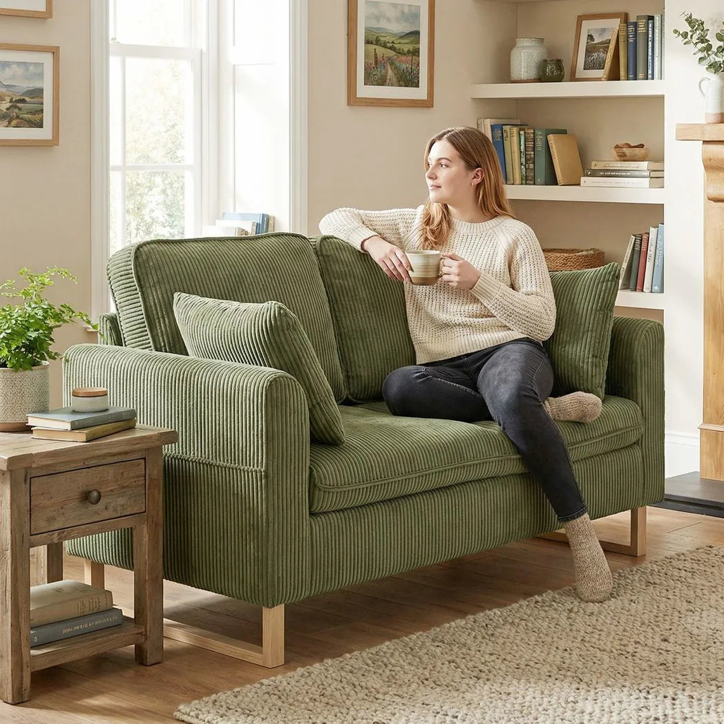 HOMCOM 2 Seater Sofa, 140 cm Corduroy Loveseat with Pocket Springs, Metal Legs and 2 Pillows – Dark Green