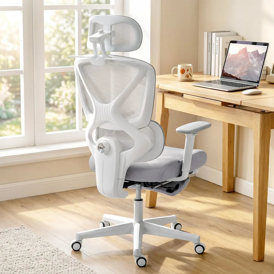 HOMCOM Ergonomic Office Chair with Adjustable Headrest, Lumbar Support & Legrest – Reclining Mesh Chair, Grey