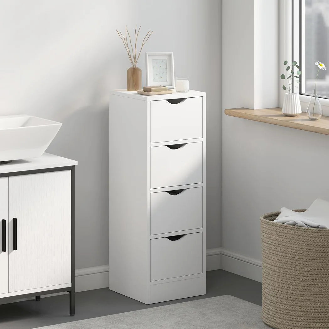 HOMCOM 4-Drawer Narrow Bathroom Cabinet, Freestanding Storage Unit with Groove Handles for Small Spaces, White