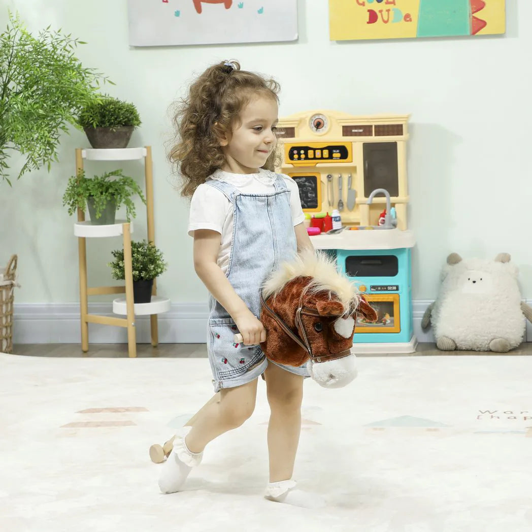 AIYAPLAY Stick Horse with Wooden Wheels, Galloping and Neighing Sounds, Grip Handle – 95 cm, Brown