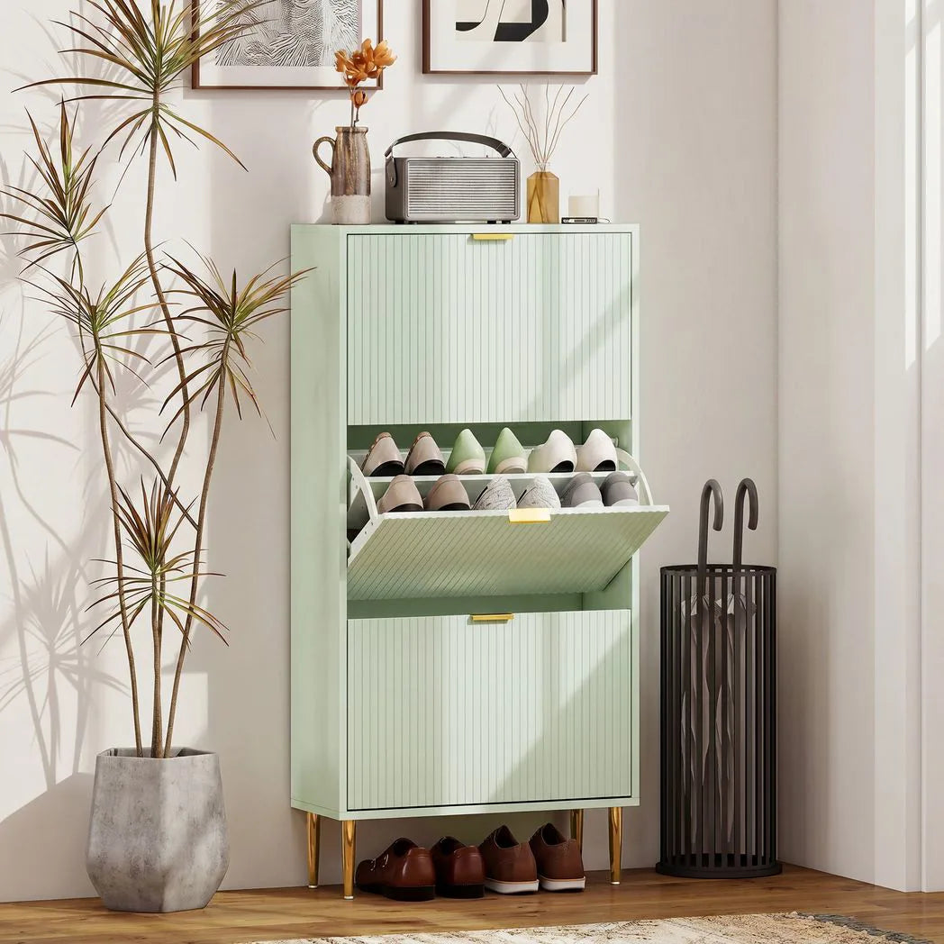 HOMCOM Slim 3-Drawer Shoe Cabinet with Gold Accents, 122.5 x 60 x 24cm, Light Green