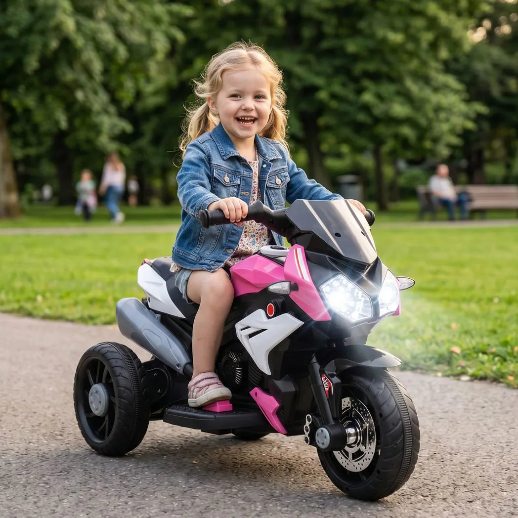 HOMCOM Kids Electric Motorcycle, 6V Three-Wheel Ride-On with LED Headlight, Music & Horn – Ages 3-5, Pink