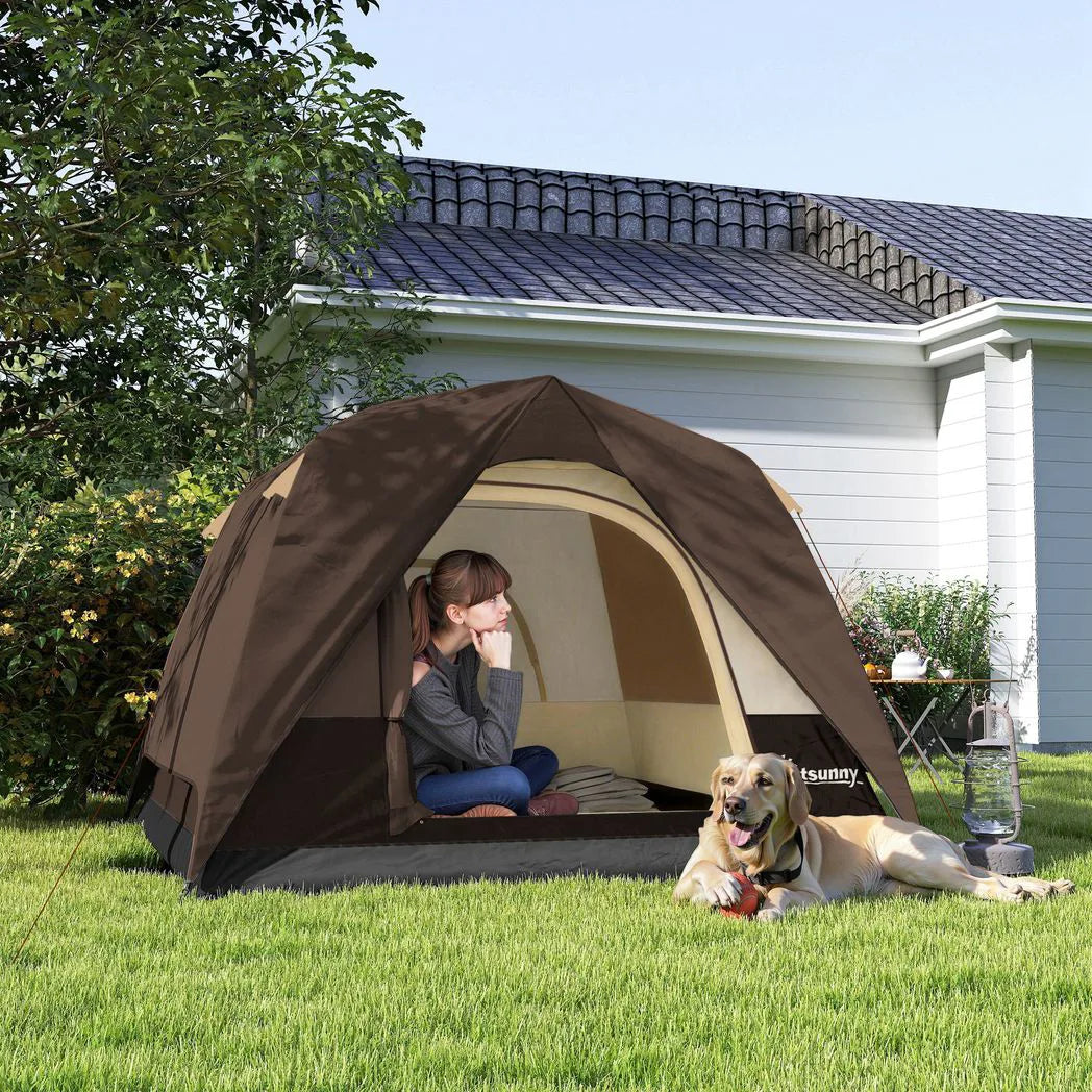 Outsunny 2-3 Man Dome Camping Tent with Sewn-in Groundsheet & Mesh Windows – Easy Set Up, 3000mm, Brown