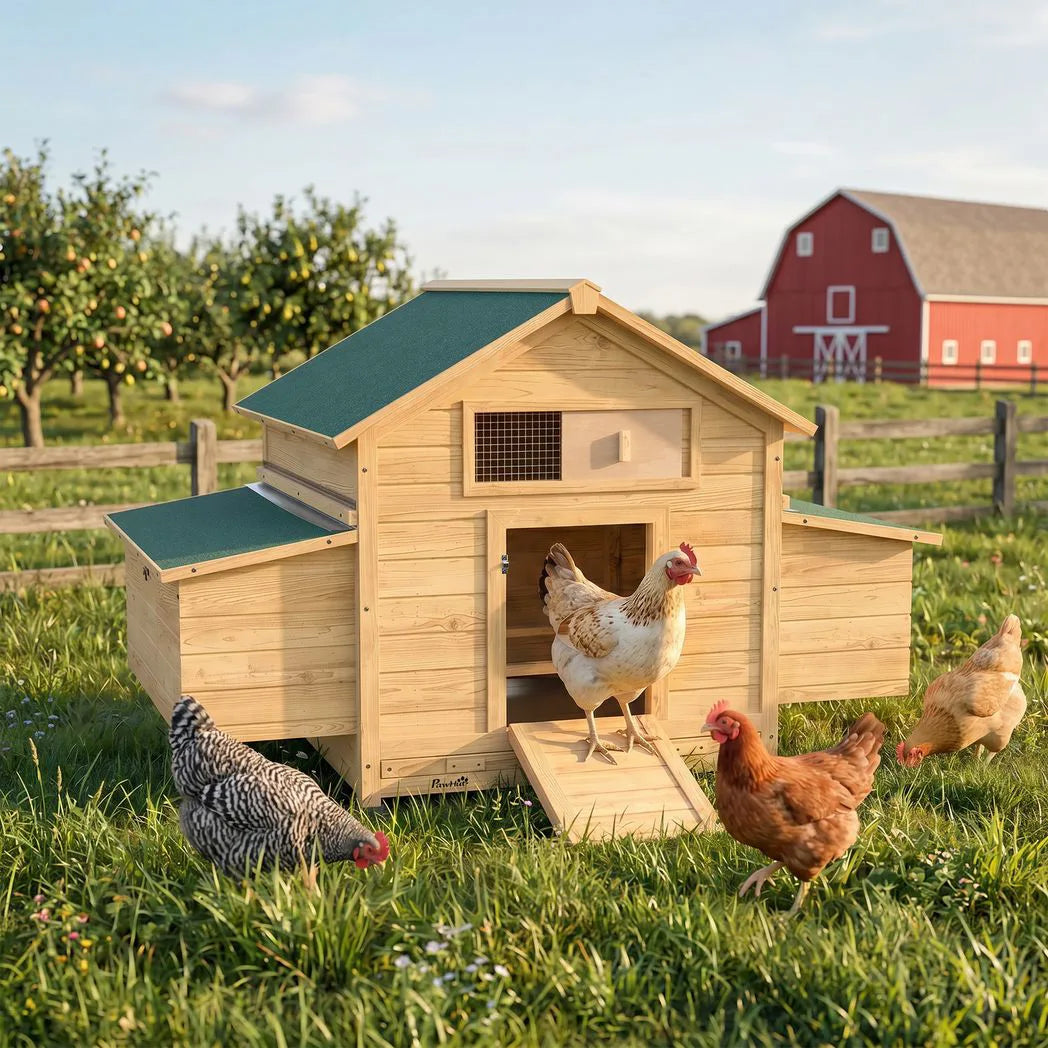 PawHut Wooden Chicken Coop with Two Nesting Boxes, Openable Waterproof Roof & Pull-Out Tray – Hen House, 150cm