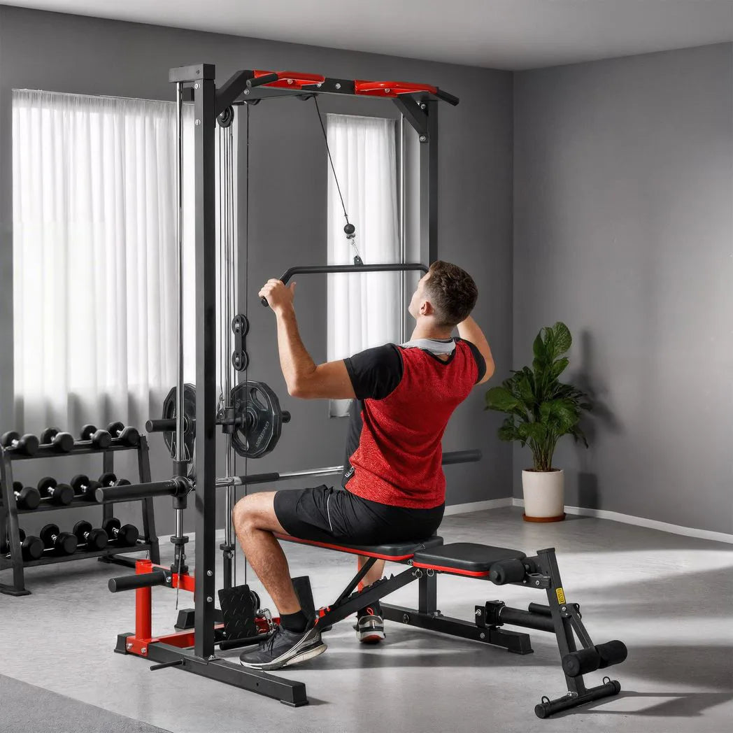 SPORTNOW Cable Crossover Machine with Pull Up Bar, Lat Pull Down & Squat Rack – Multi-Function Power Rack