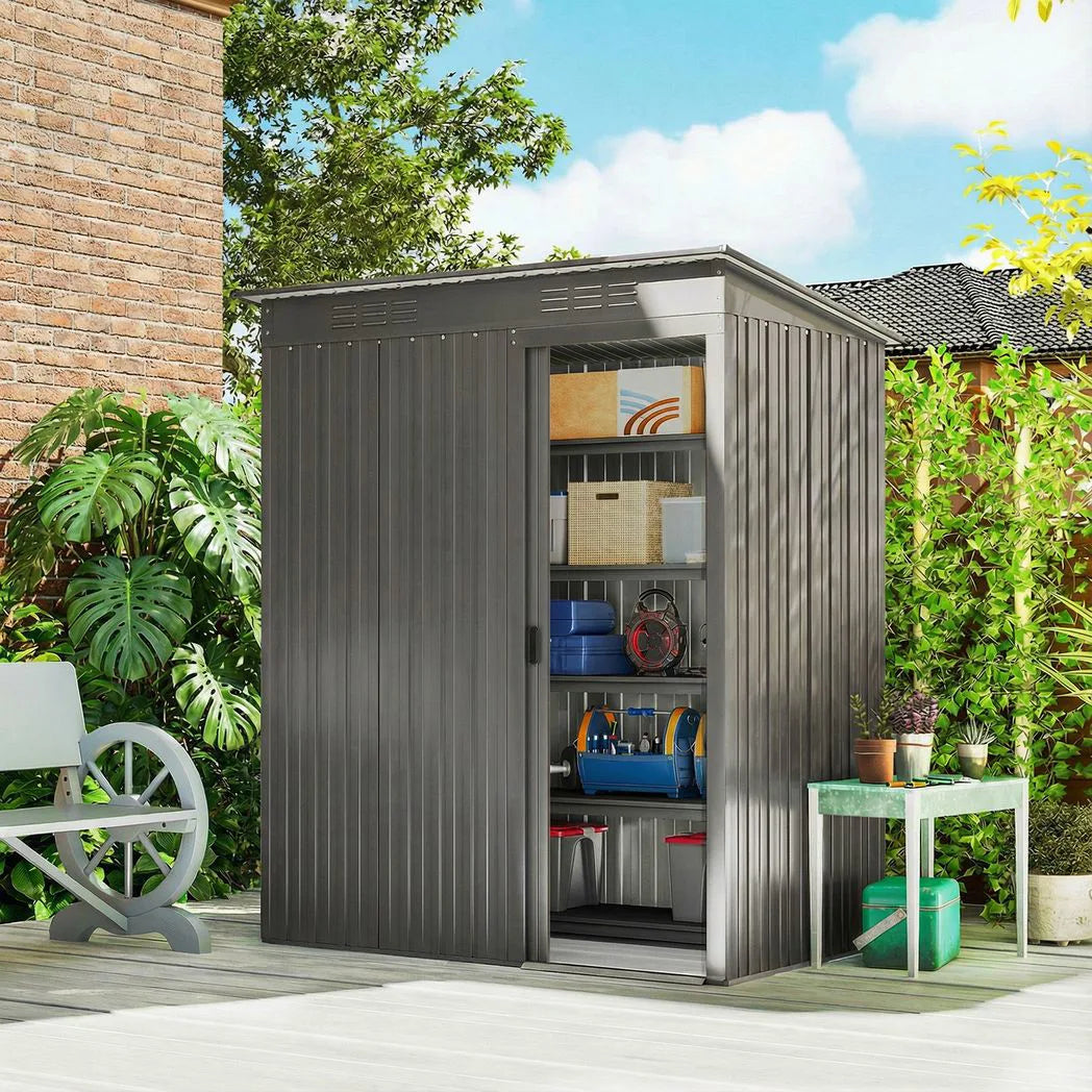 Outsunny 5 x 3.5ft Metal Garden Storage Shed with Sliding Door and Roof Vents – Waterproof, Light Grey
