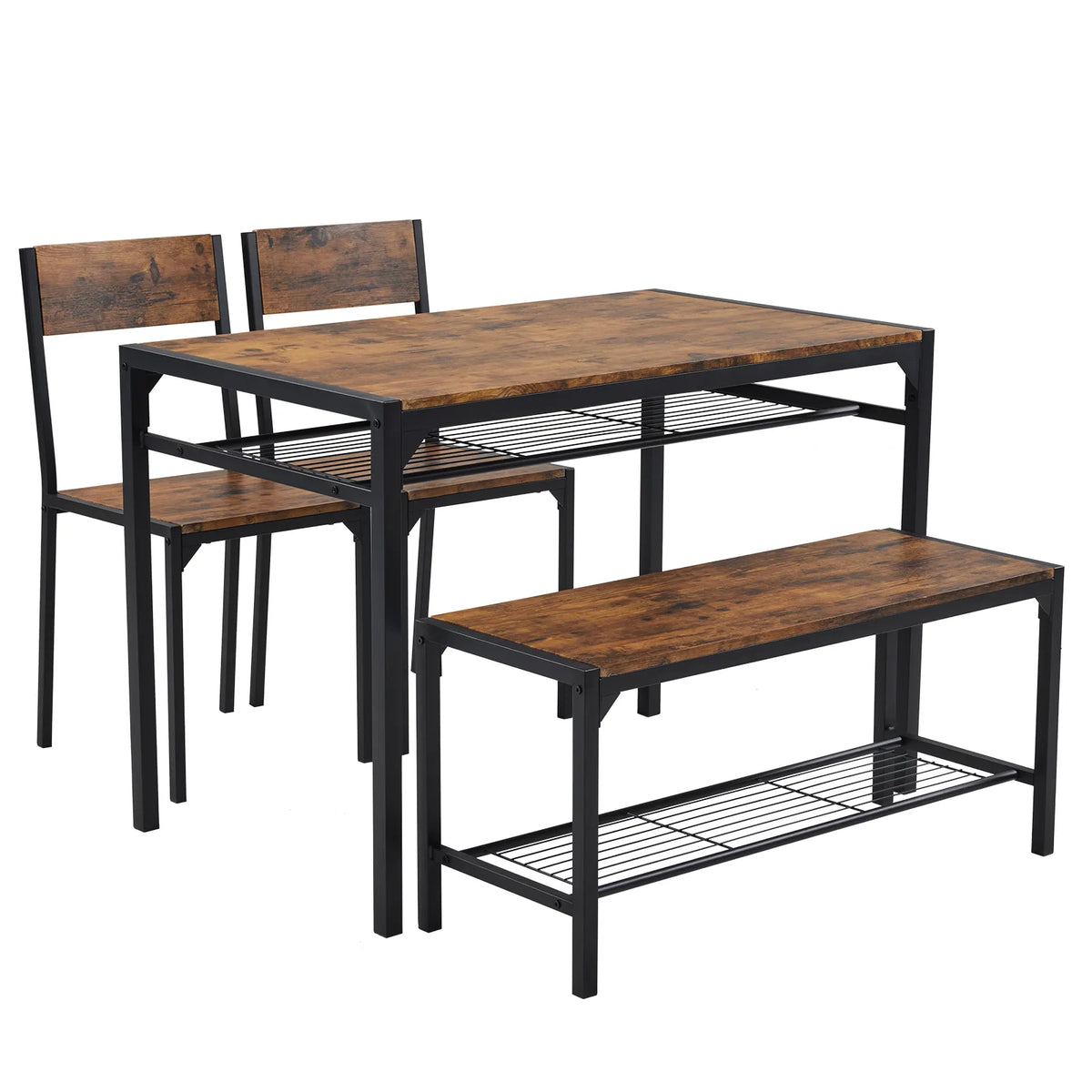 Rustic Brown 4 Piece Dining Table Set with 2 Chairs and Bench – Space-Saving Kitchen Table, Storage Shelves