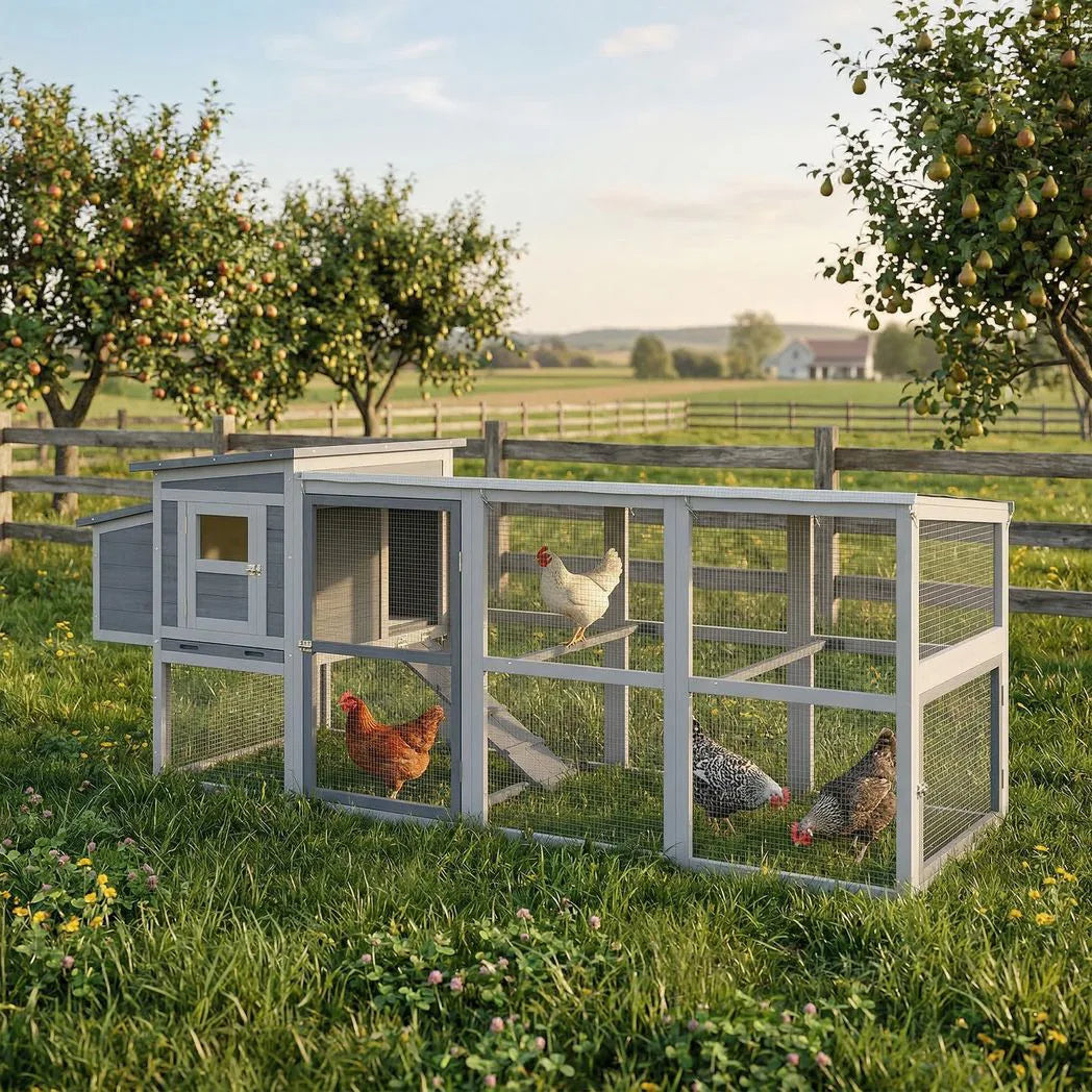 PawHut Large Chicken Coop with Covered Run, Nesting Box and Pull-Out Tray – Wooden Hen House, Asphalt Roof