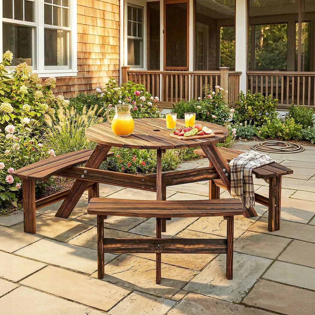 Outsunny 6 Seater Wooden Round Picnic Table with Matching Benches & Parasol Hole, Carbonised Finish